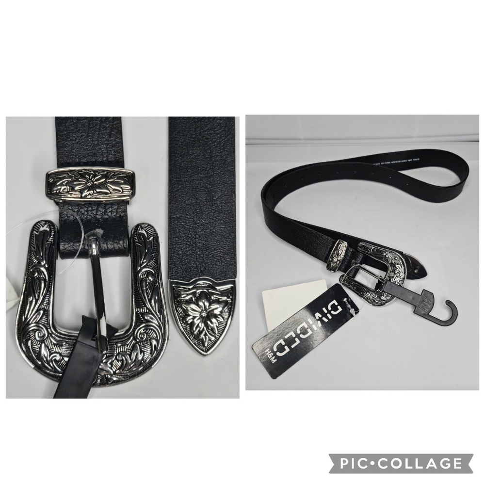 New Women H&M Divided Black Western Belt 1" Floral Metal Silver Tone Buckle XS S